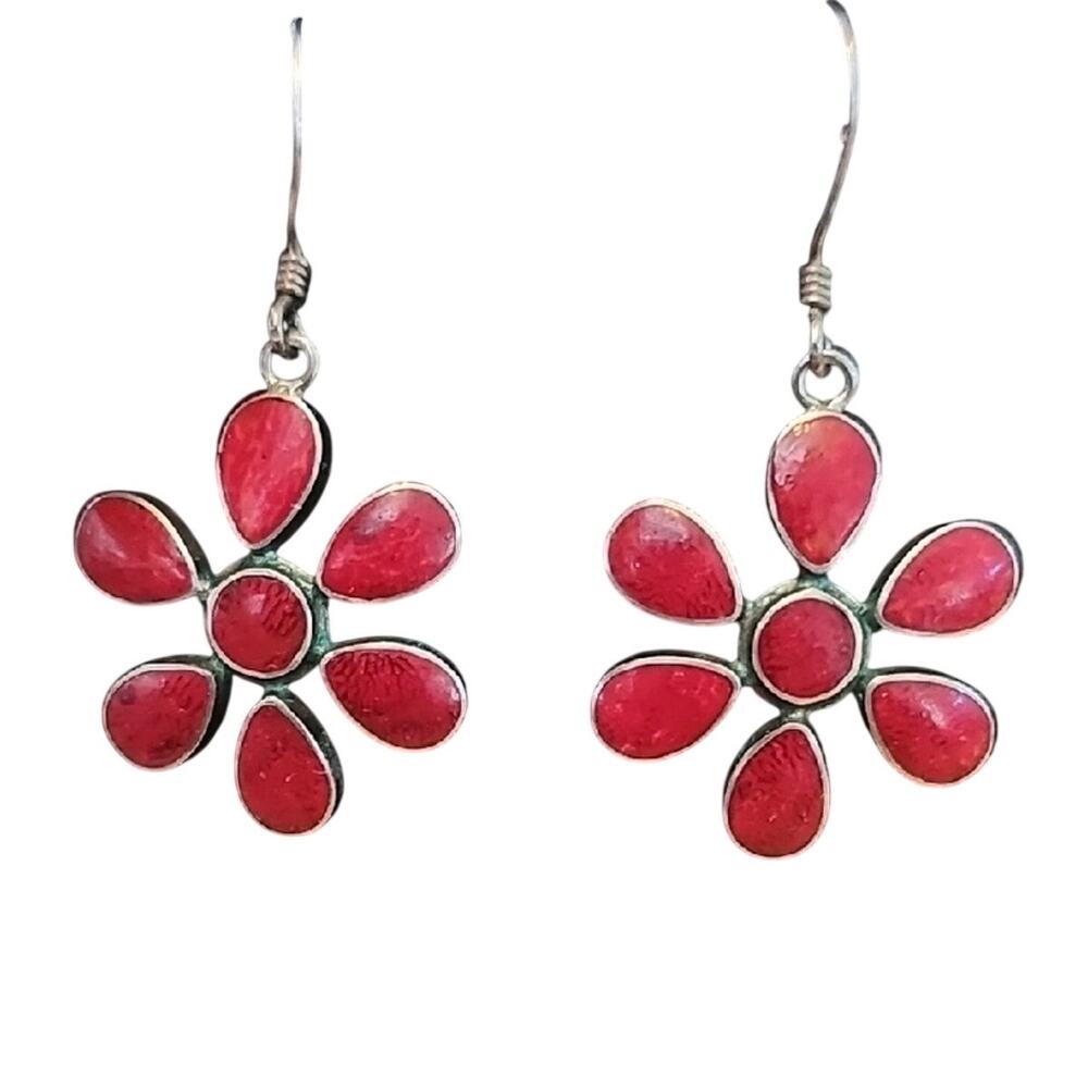Vintage 925 Sterling Silver Red Enamel Flower Drop Earrings - Women Jewelry